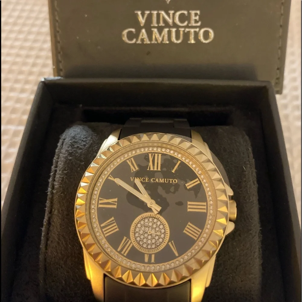 Vince Camuto Gold Tone and Black Women's Crystal Accent Watch
